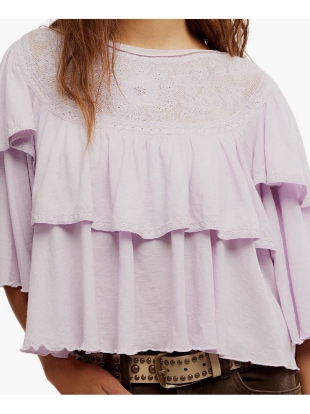 Free People Rose Party Tee Ruffle Lace Peasant Boho Top Orchid Hush Lavender L